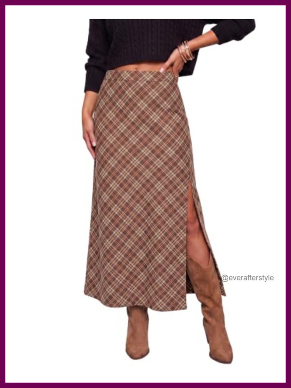 Plaid Maxi Skirt Trendy A-Line Long Skirt with Side Slit